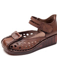Women’s Retro Cowhide Sandals – Hollow-Toe Slope Heel (Dark Brown/Guest Brown)