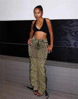 Women’s Bandage Drawstring Jeans - Army Green/Camel/Peach Denim Straight Leg Pants (S-2XL, Cotton, Street Fashion)