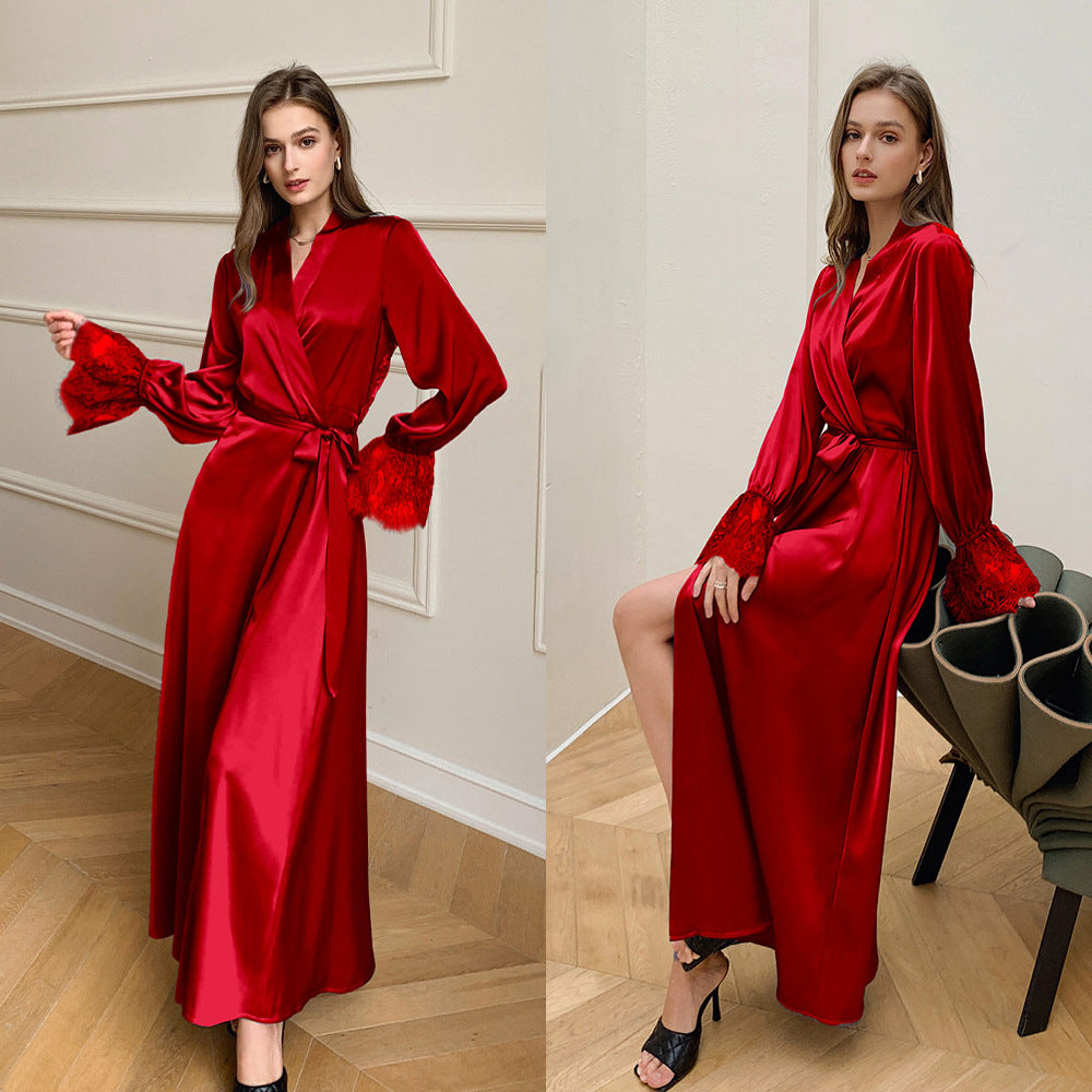 🌙 Robe en satin élégance française pour femme – Dos nu avec bordure en dentelle (Bleu/Violet/Bleu marine/Noir)