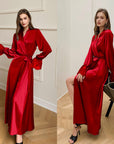 🌙 Robe en satin élégance française pour femme – Dos nu avec bordure en dentelle (Bleu/Violet/Bleu marine/Noir)