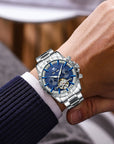 Men’s Full-Automatic Steel Belt Mechanical Watch – Business Elegance with Star-Sea Blue Dial