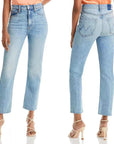 Damen High Waist Hellblaue Stretchjeans - Slim Fit Cropped Straight Leg Denim (25-30, Baumwolle, Street Hipster Style)