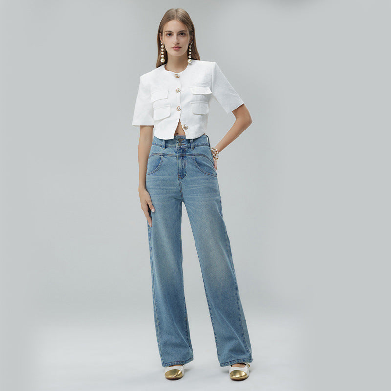 Pantalon taille haute à jambes larges pour femme – Denim élastique bleu vintage (mélange de coton) – Style frais et doux