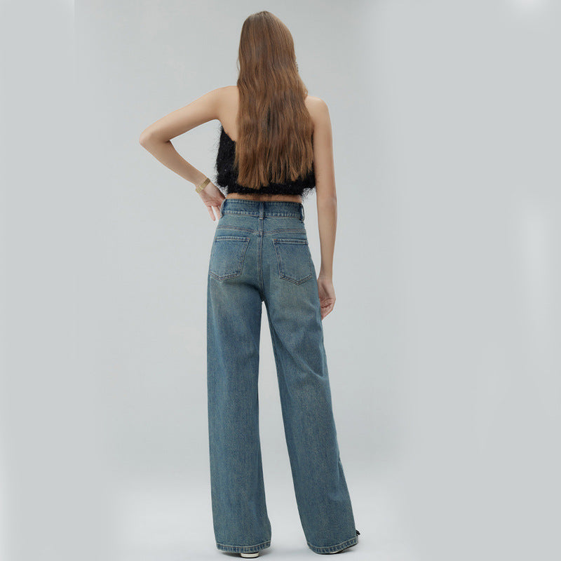 Pantalon taille haute à jambes larges pour femme – Denim élastique bleu vintage (mélange de coton) – Style frais et doux