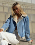 Women’s Fleece-Lined Denim Jacket – Oversized Streetwear Style (Short Length, Long Sleeve)