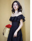 Schwarzes Damenkleid mit quadratischem Ausschnitt – mittellanges Kleid aus Lyocell-Mischgewebe mit taillierter Taille (XS-XL) – formelle Abendgarderobe mit Blütenblattärmeln