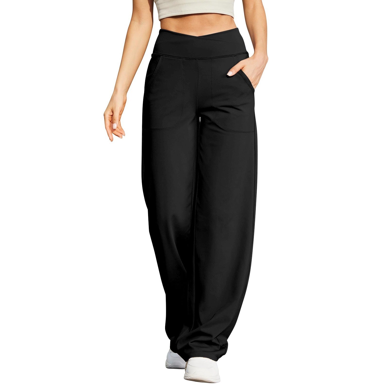 Women’s V-Waist Cross Pocket Fitness & Yoga Trousers – Japanese & Korean Casual Style