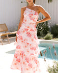 Robe longue à volants et imprimé floral pour femme (rose/violet/bleu) – Robe de soirée sexy sans manches en polyester