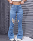 Women’s Washed Heart-Shaped Ripped Flared Jeans – High-Waist Stretch Denim Bootcut Pants