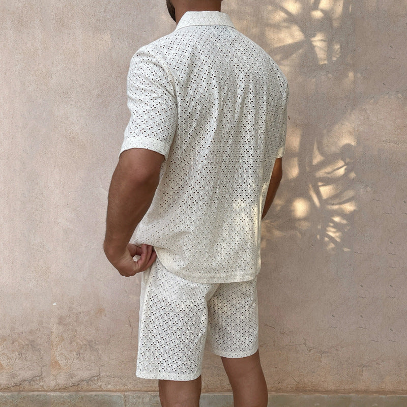 🔥 Men’s Short-Sleeve Shirt & Shorts Set – Breathable Polyester (White, S-XXXL)