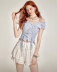 Women's Off-Shoulder Plaid Shirt - Two-Way Drawstring Waist Tie Top (100% Cotton, Blue/White/Red Retro, S-XL)