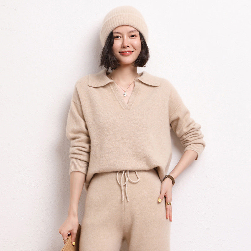 Pull col polo en cachemire pour femme – Coupe courte et ample (taille unique, longueur 50 cm)