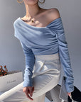 Women's One-Shoulder Off-the-Shoulder Top - Korean Style Long Sleeve Blouse (Blue Goose Egg Yolk, Polyester, Chic & Flirty)