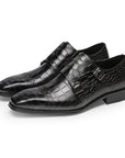Men Genuine Leather Strap SHOES – Crocodile Pattern Square Toe Slip-On British Style Dress Boots