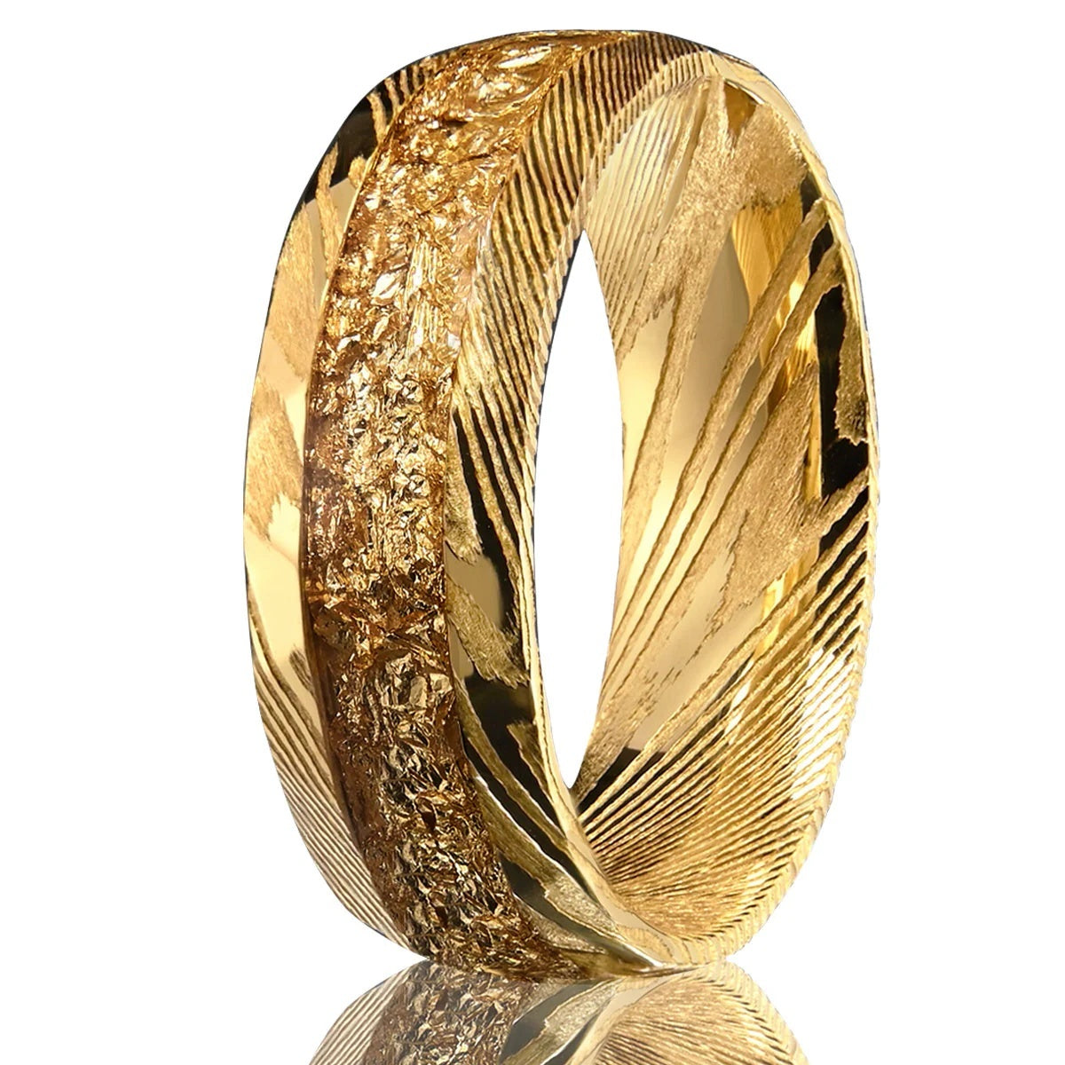 Damascus Steel Ring for Men - Gold Foil Inlay Minimalist Band (Sizes 7-13)