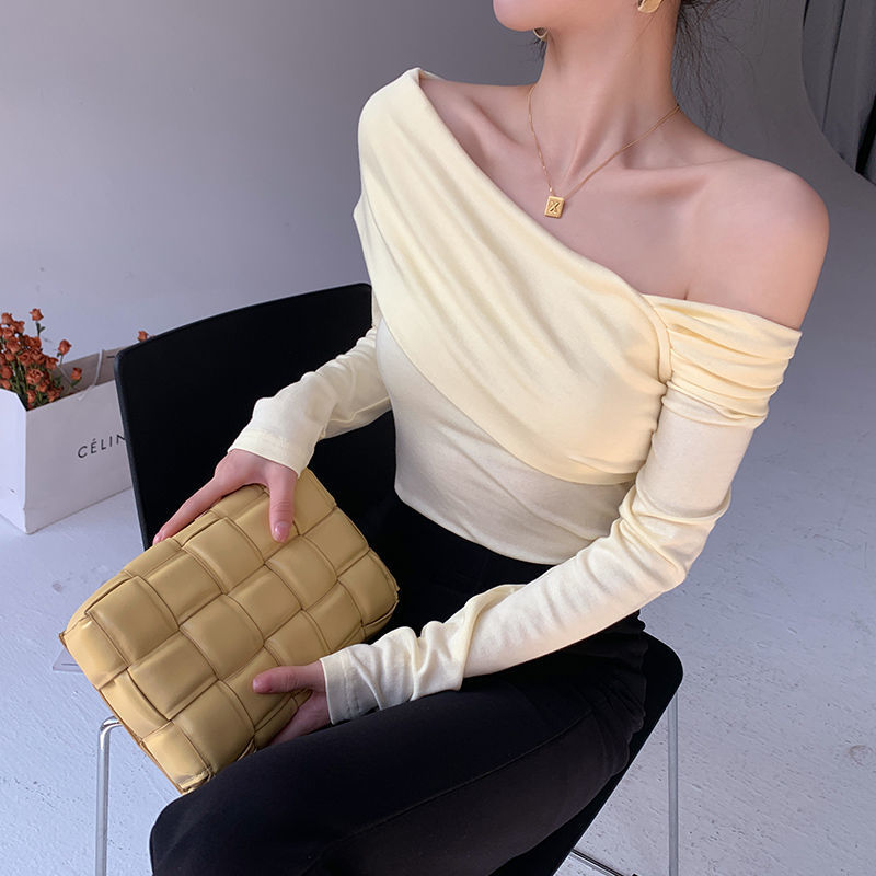Haut asymétrique à épaules dénudées pour femme - Chemisier à manches longues style coréen (jaune d'œuf bleu, polyester, chic et séduisant)