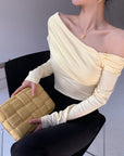 Women's One-Shoulder Off-the-Shoulder Top - Korean Style Long Sleeve Blouse (Blue Goose Egg Yolk, Polyester, Chic & Flirty)