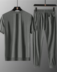 Ensemble de sport en soie glacée pour homme : t-shirt à manches courtes et col en V, pantalon (bleu foncé/kaki/vert), mélange de nylon respirant, grande taille