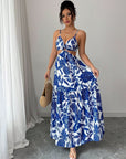 🌊 Sapphire Siren: Halterneck Maxi Dress with Floral Allure