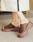 🔥 Women's Handmade First-Layer Cowhide Slippers – Luxury Fish Mouth Toe Design (Apricot/Brown) – Unlined Leather Comfort