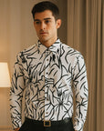 Men’s Digital Printed Striped Shirt – Slim Fit Long Sleeve (White/Red, Polyester)