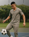 Men's Ice Silk Sportswear Set - V-Neck Short Sleeve T-Shirt & Pants (Dark Blue/Khaki/Green)