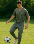 Men's Ice Silk Sportswear Set - V-Neck Short Sleeve T-Shirt & Pants (Dark Blue/Khaki/Green)