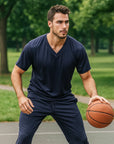 Men's Ice Silk Sportswear Set - V-Neck Short Sleeve T-Shirt & Pants (Dark Blue/Khaki/Green)