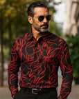 Men’s Digital Printed Striped Shirt – Slim Fit Long Sleeve (White/Red, Polyester)