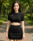 Women's Seductive Knit Set - Midriff-Baring Top + Split Skirt