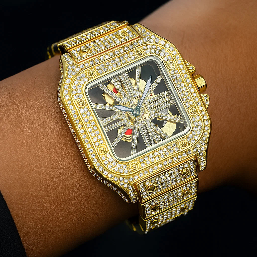 Men’s Square Skeleton Watch – Full Diamond Quartz (Gold/Silver, 44mm)