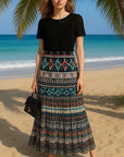 Women’s Summer Pleated Long Skirt - Hand-Painted Print Polyester Maxi Skirt