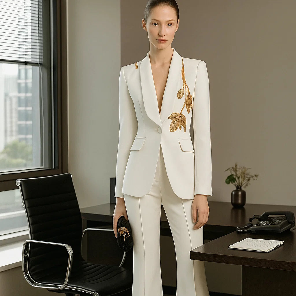 Women’s Beaded Slim Suit & Flared Pants Two-Piece Set – European Street Glam
