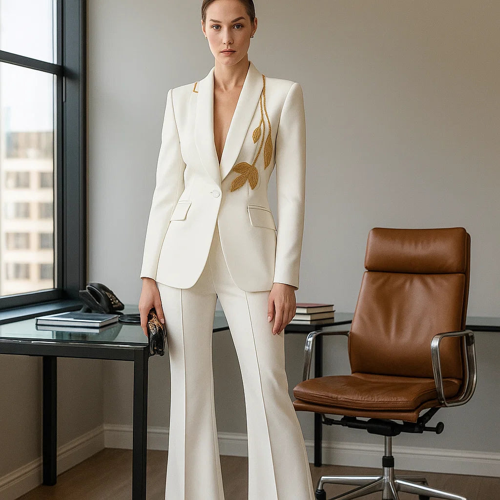 Women’s Beaded Slim Suit & Flared Pants Two-Piece Set – European Street Glam