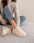 Women's Height Increase Platform Shoes - Beige Thick Bottom Lace-Up Sneakers (35-40) - Breathable Synthetic Leather Casual Shoes