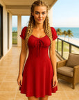Robe rouge à col carré pour femme - Jupe à manches bouffantes et taille nouée (50 % viscose, 35 % nylon, 15 % élasthanne) Style européen et américain