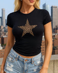 Women’s Tight Waist Leopard Print Top – Slim Fit Round Neck Short Sleeve