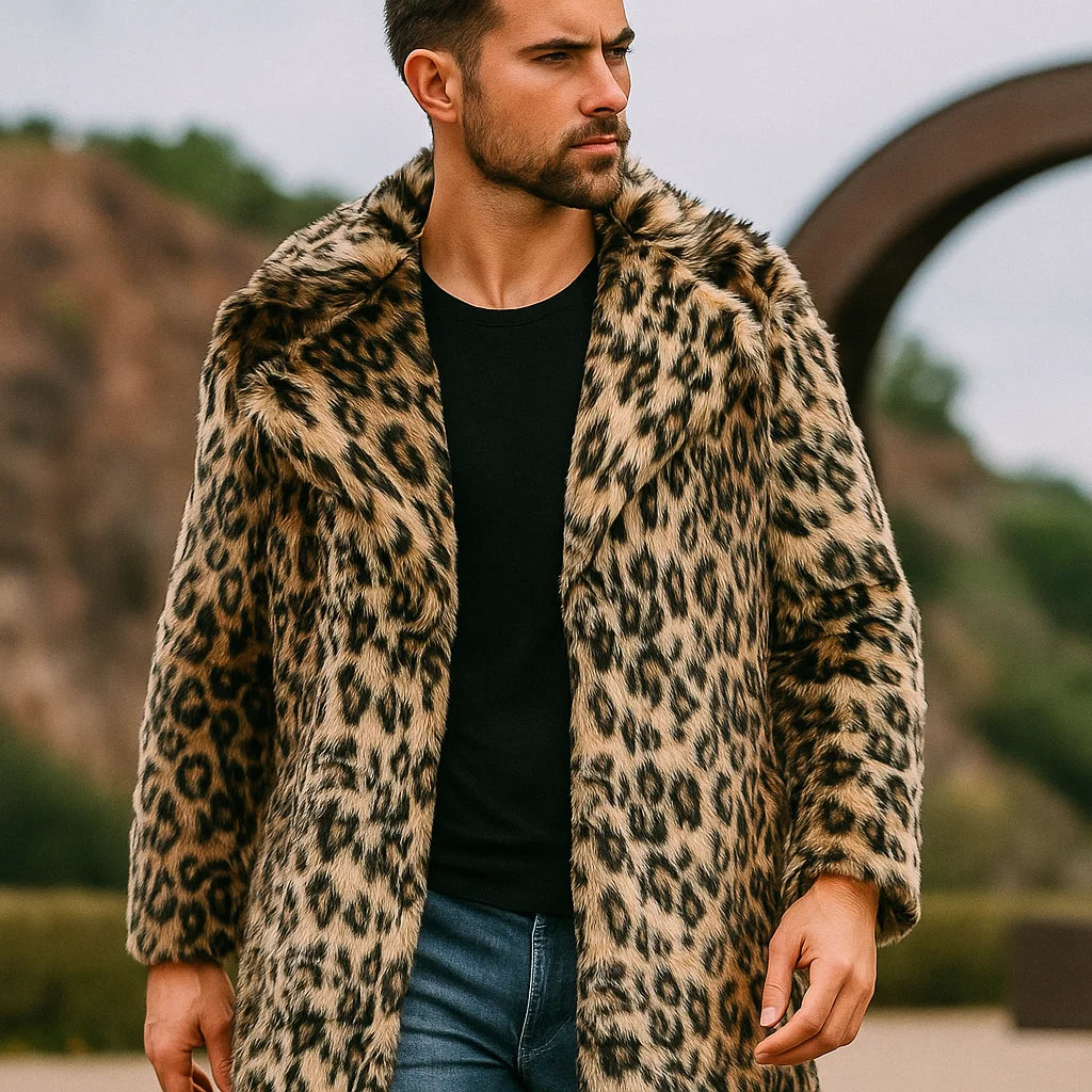🦁 Men’s Leopard Print Fur Coat – Bold Street Luxe with Winter Warmth