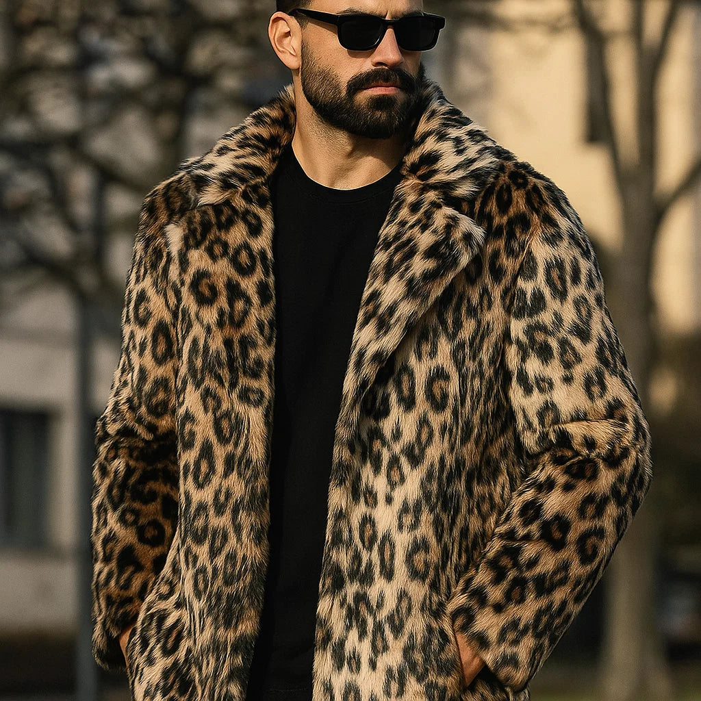 🦁 Men’s Leopard Print Fur Coat – Bold Street Luxe with Winter Warmth