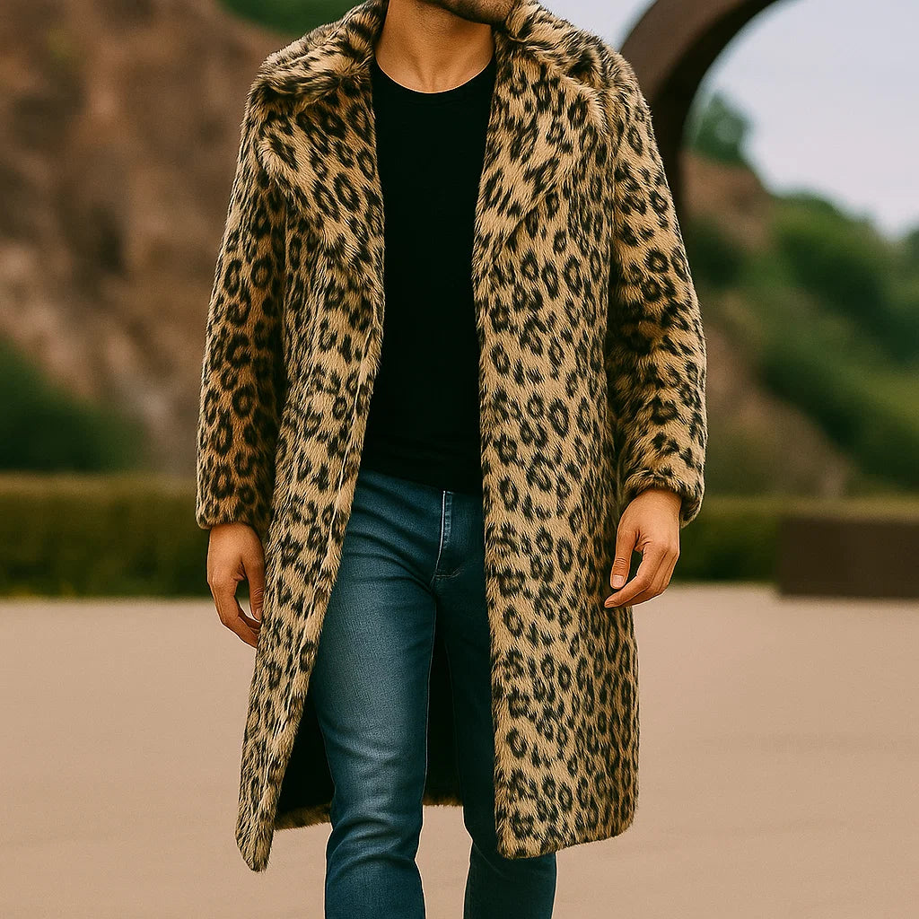🦁 Men’s Leopard Print Fur Coat – Bold Street Luxe with Winter Warmth