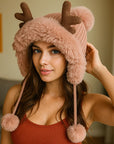 🦌 Deer Antler Fur Cap – Whimsical Winter Warmth