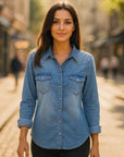 Women’s Tencel Denim Shirt – Long Sleeve Loose Fit with Chic Detailing