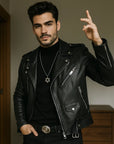 Men’s Genuine Sheepskin Leather Lapel Jacket – Classic Black with Relaxed Style