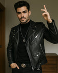 Men’s Sheepskin Leather Lapel Jacket – Classic Black with Relaxed Style