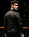 Men’s Sheepskin Leather Lapel Jacket – Classic Black with Relaxed Style