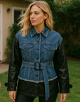 Women’s Denim Stitching PU Leather Jacket – Edgy Fusion of Textures