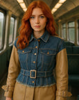 Women’s Denim Stitching PU Leather Jacket – Edgy Fusion of Textures