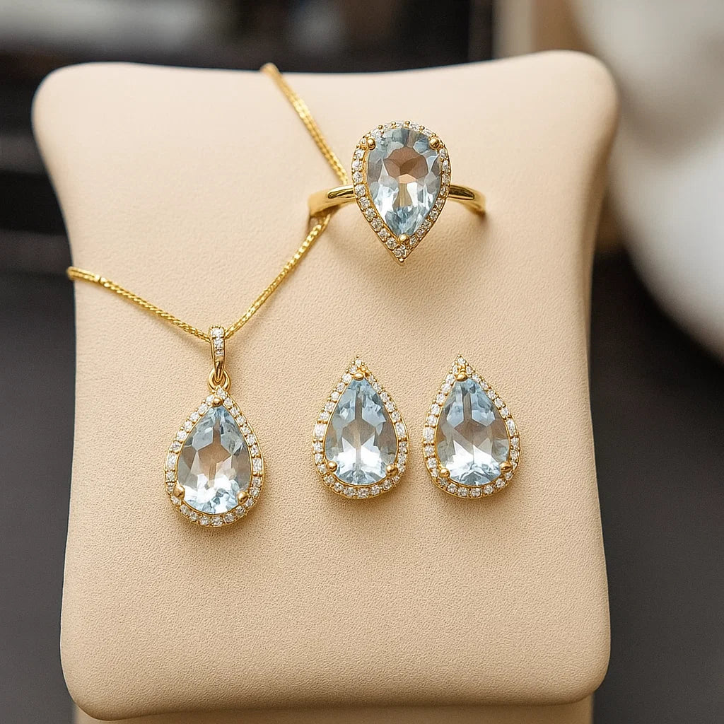 💎 Sky Blue Topaz Jewelry Set – Natural Gemstone Trio | 7×10mm Oval Cut