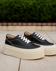 Women's Platform Board Shoes - Embossed Cowhide Leather Sneakers (Black/White) - Chunky Rubber Sole Tie-Up Sports Shoes