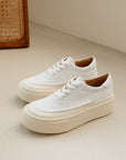 Women's Platform Board Shoes - Embossed Cowhide Leather Sneakers (Black/White) - Chunky Rubber Sole Tie-Up Sports Shoes